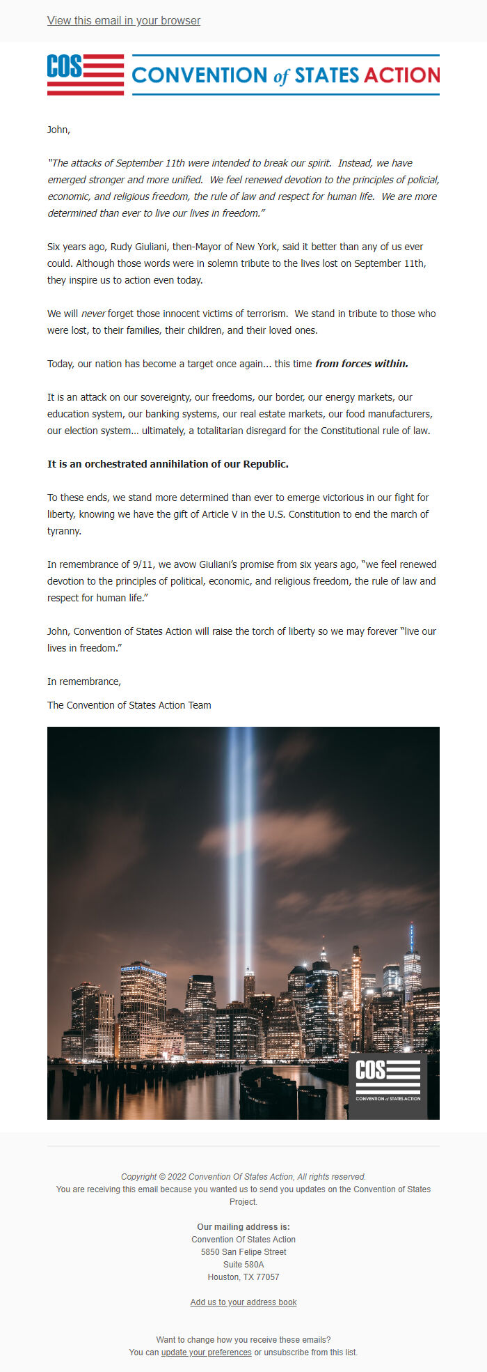 Screenshot of the email generated on import
