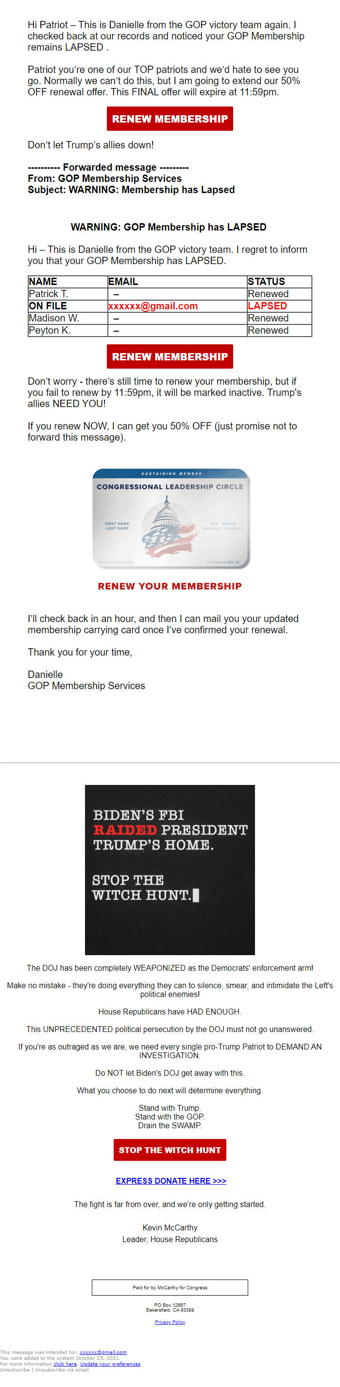 Screenshot of the email generated on import