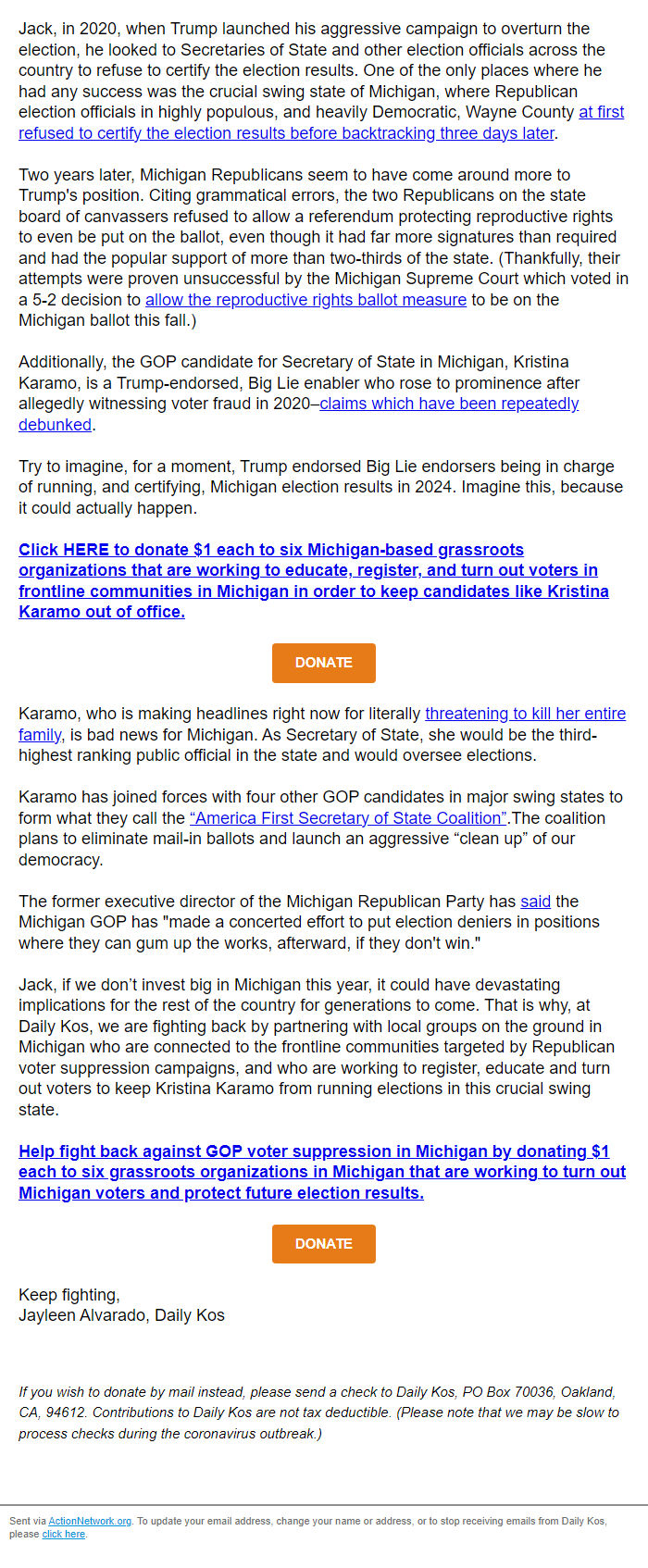 Screenshot of the email generated on import