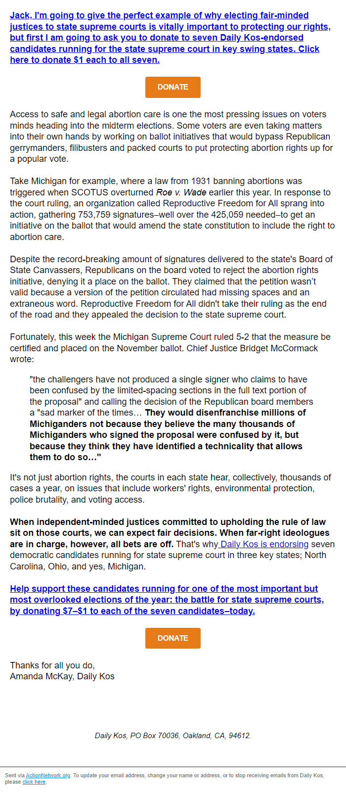 Screenshot of the email generated on import