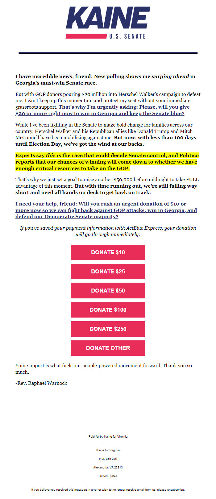 Screenshot of the email generated on import