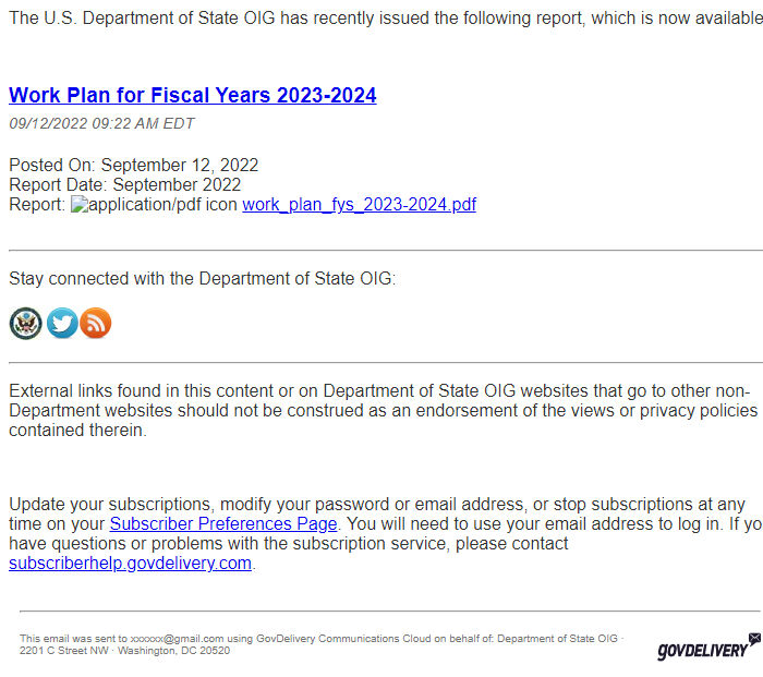 Screenshot of the email generated on import