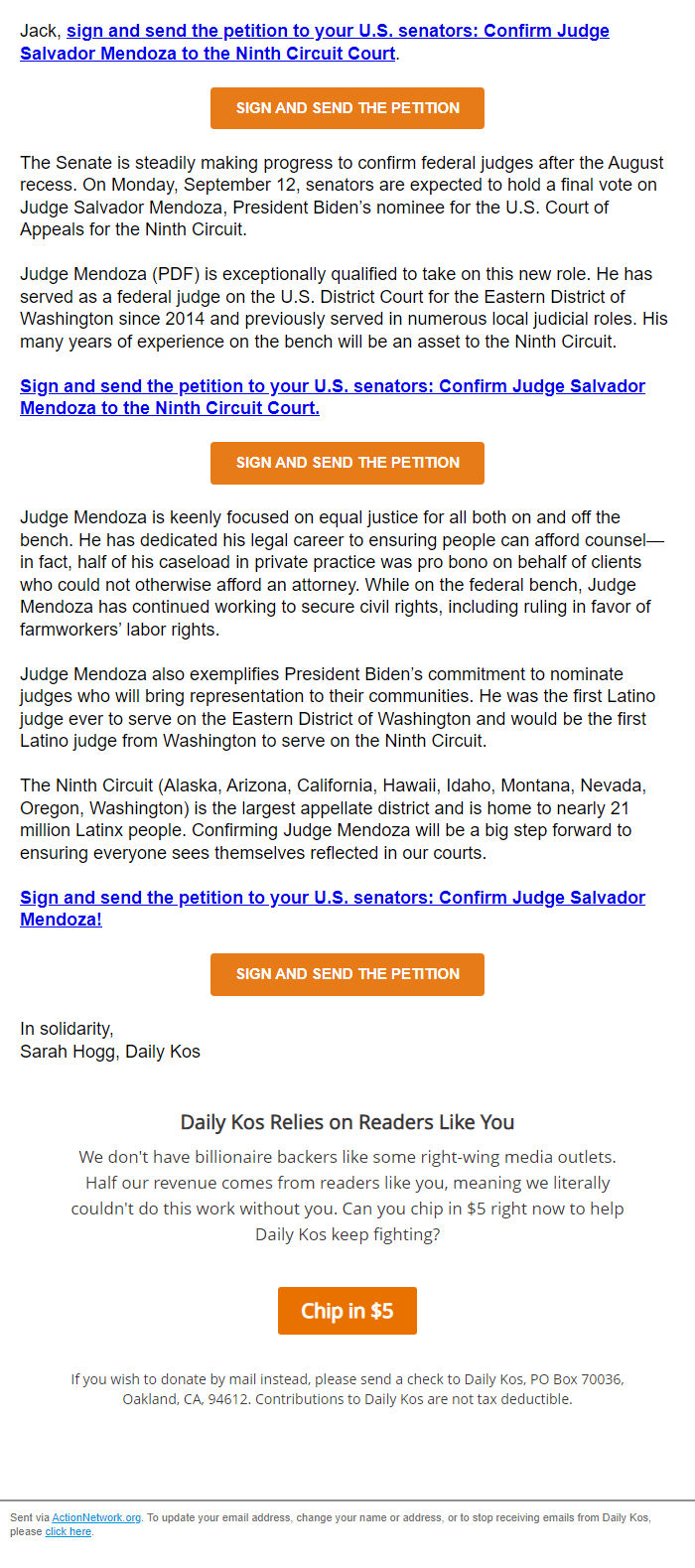 Screenshot of the email generated on import