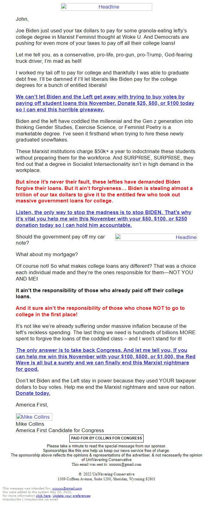 Screenshot of the email generated on import