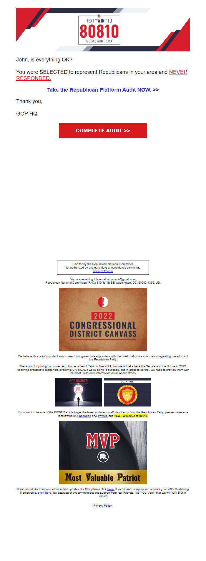 Screenshot of the email generated on import