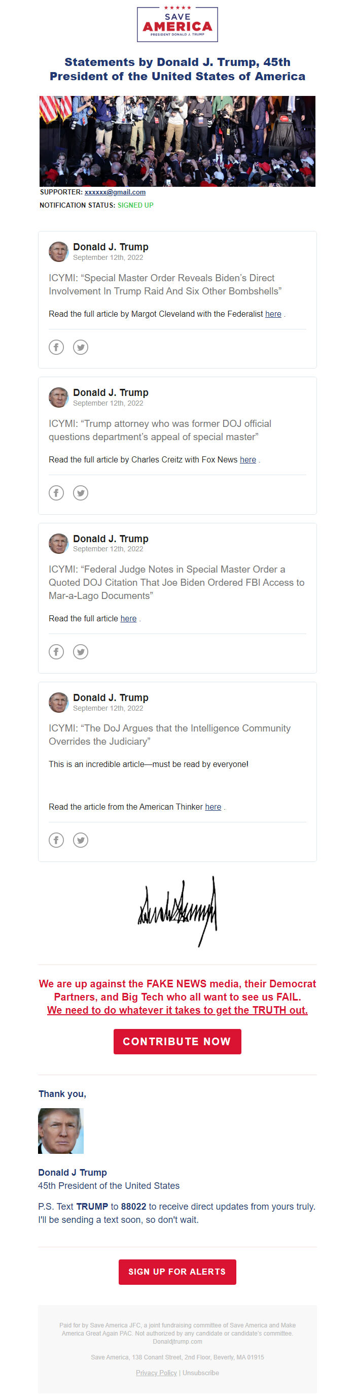 Screenshot of the email generated on import