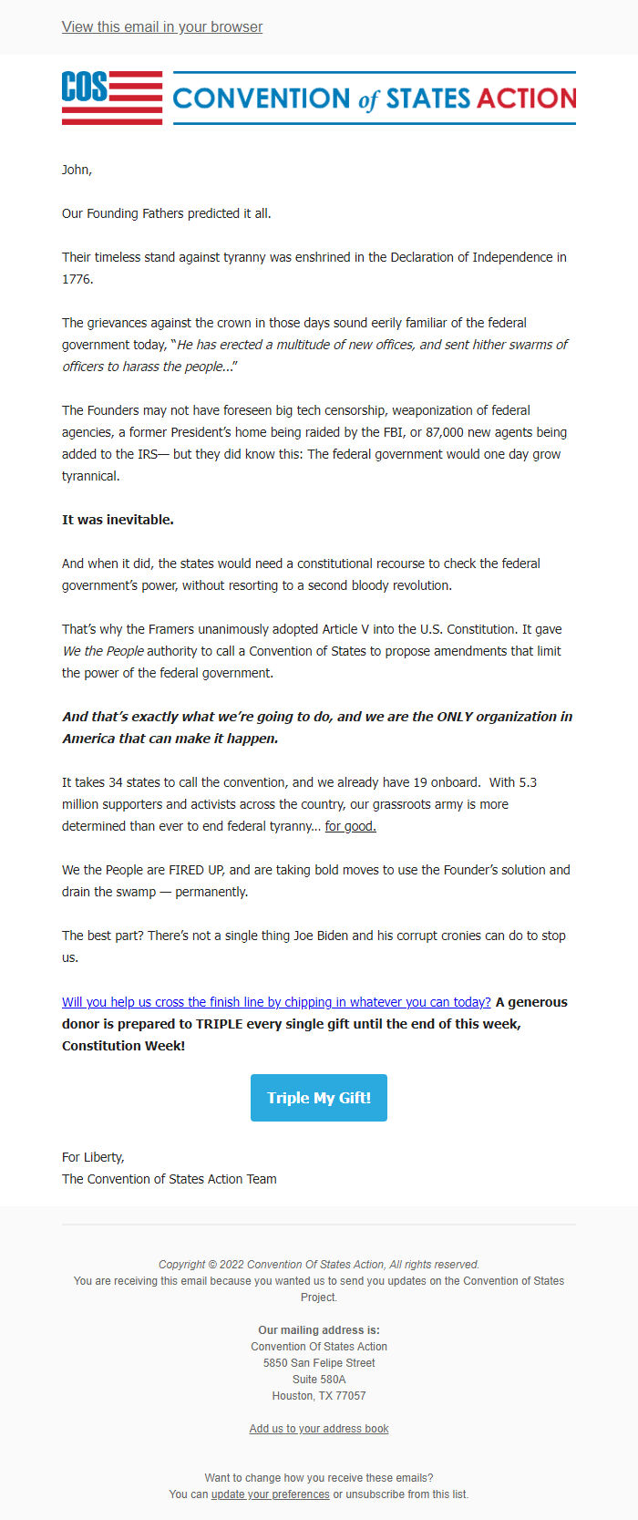Screenshot of the email generated on import