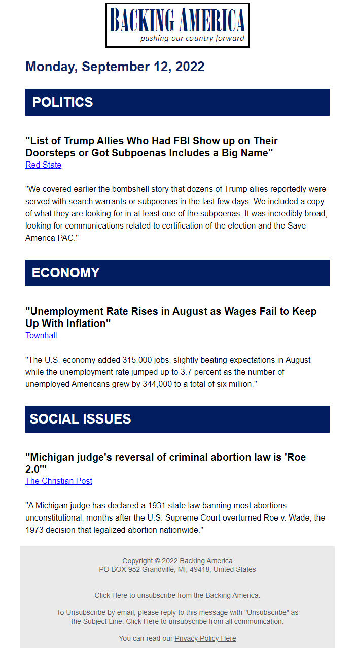 Screenshot of the email generated on import