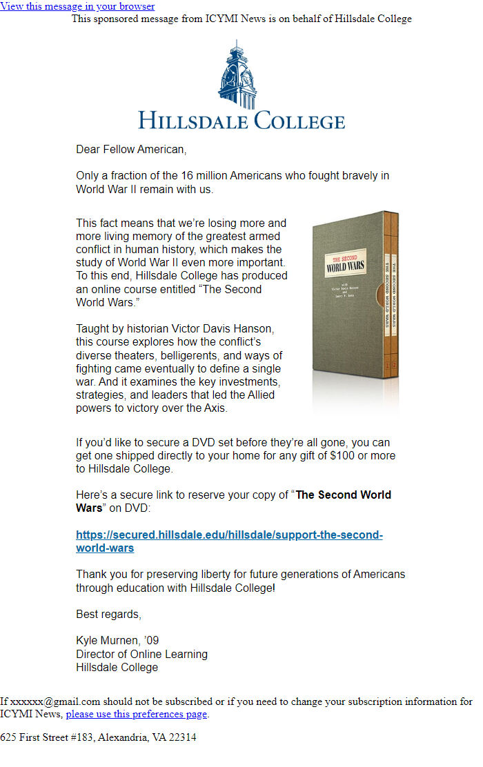 Screenshot of the email generated on import