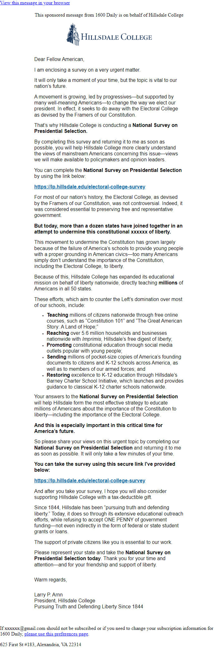 Screenshot of the email generated on import