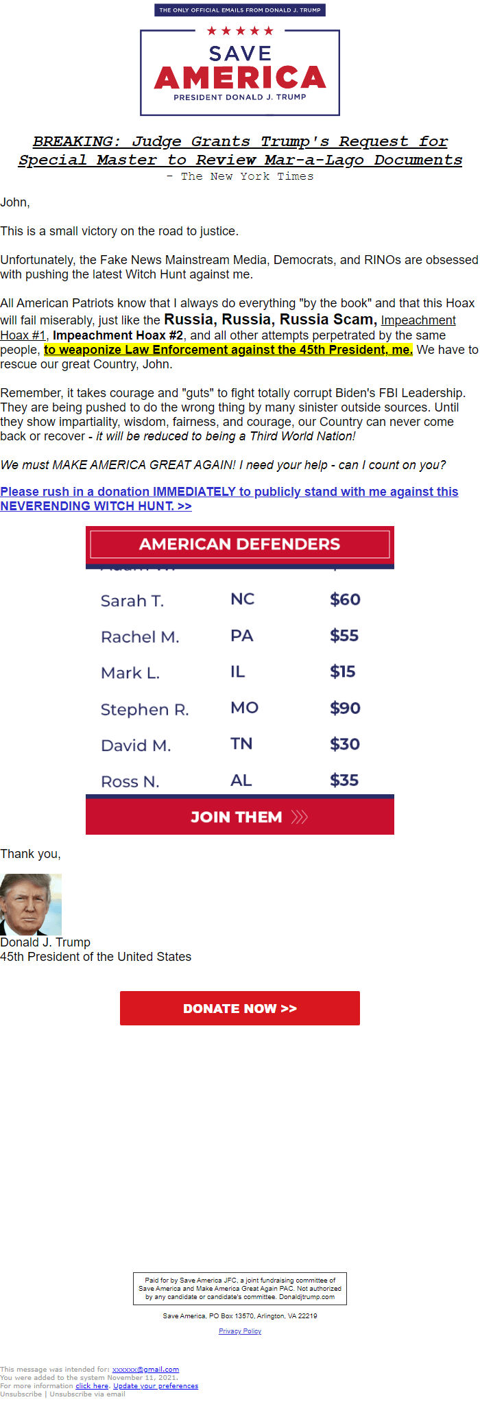 Screenshot of the email generated on import