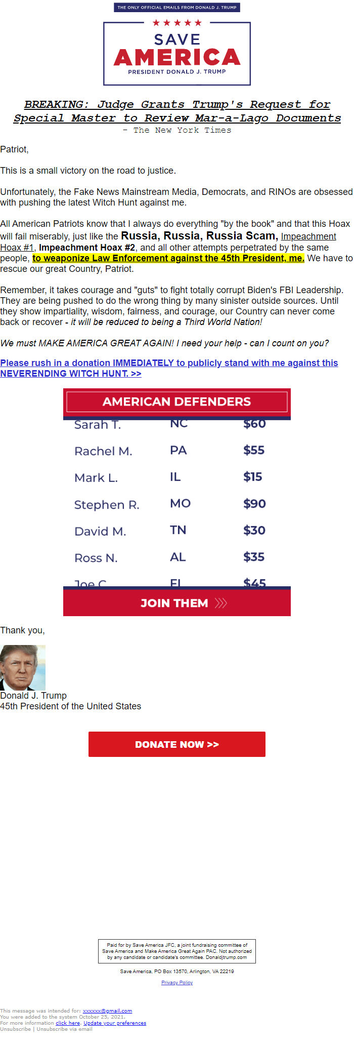 Screenshot of the email generated on import