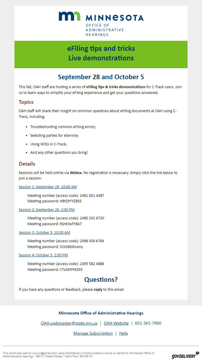 Screenshot of the email generated on import