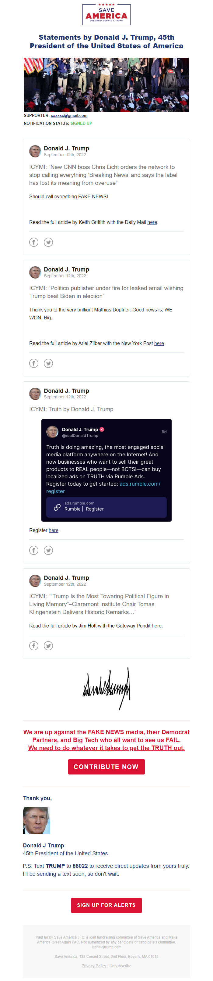 Screenshot of the email generated on import