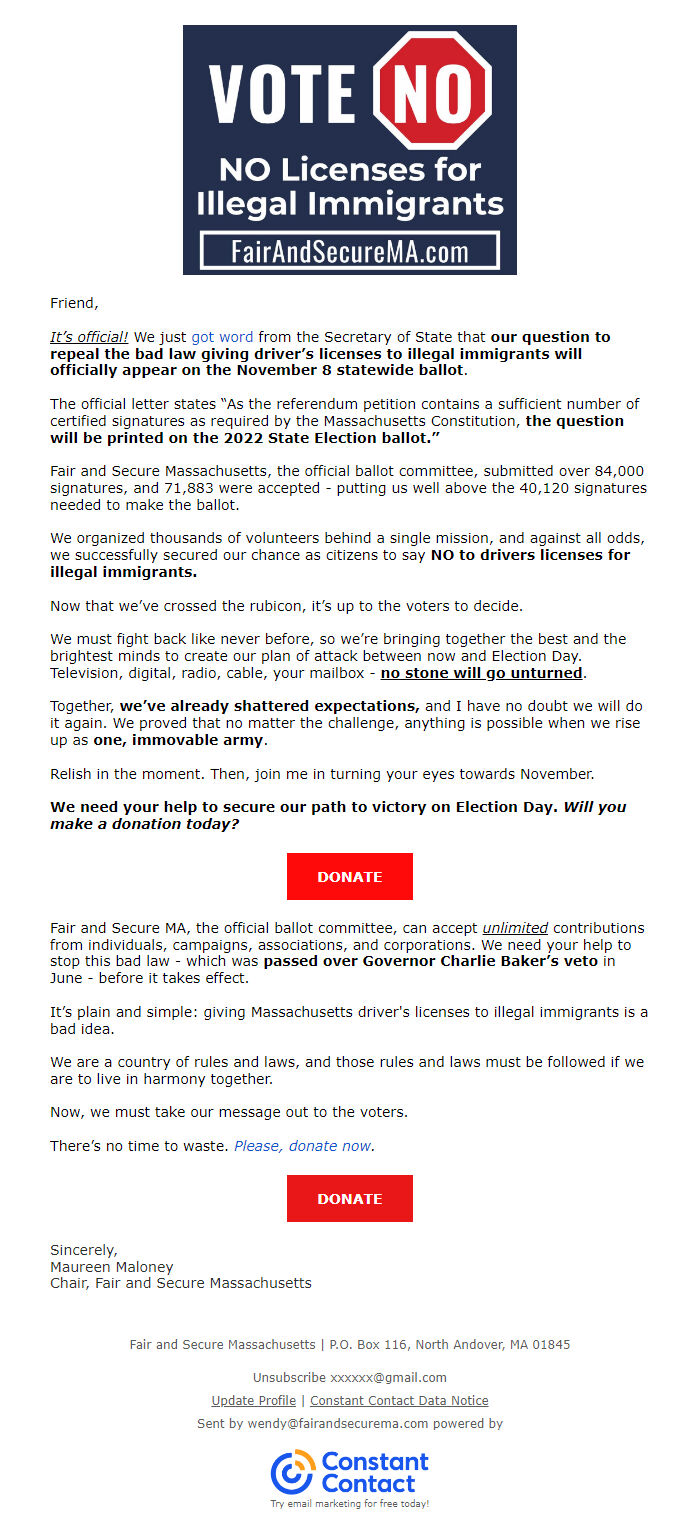 Screenshot of the email generated on import