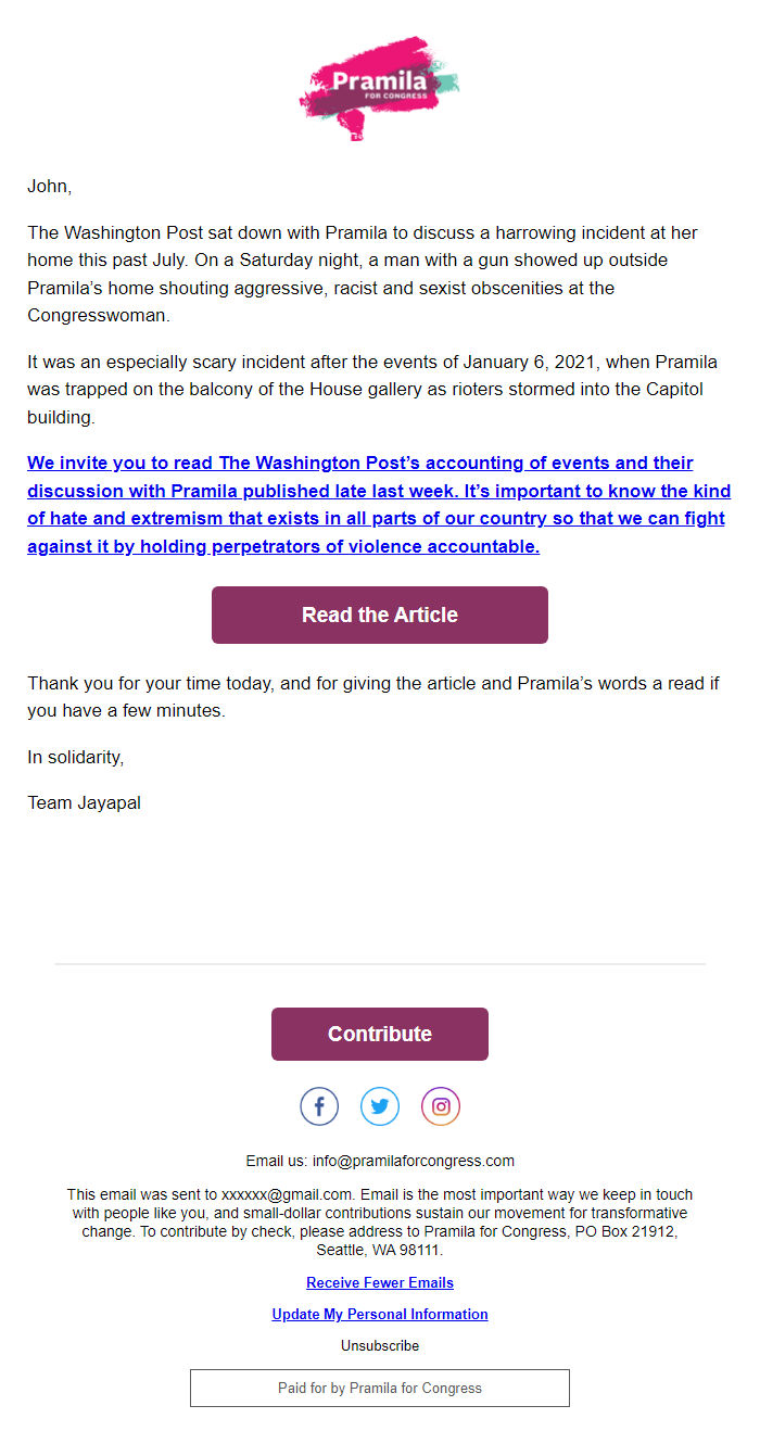 Screenshot of the email generated on import