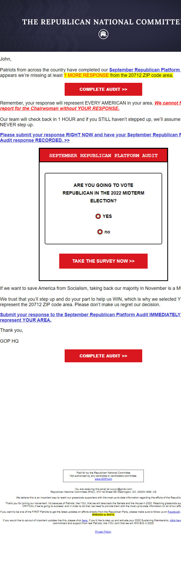 Screenshot of the email generated on import