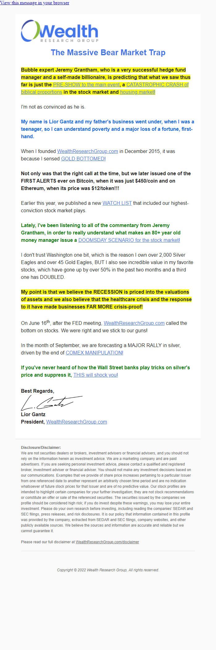 Screenshot of the email generated on import