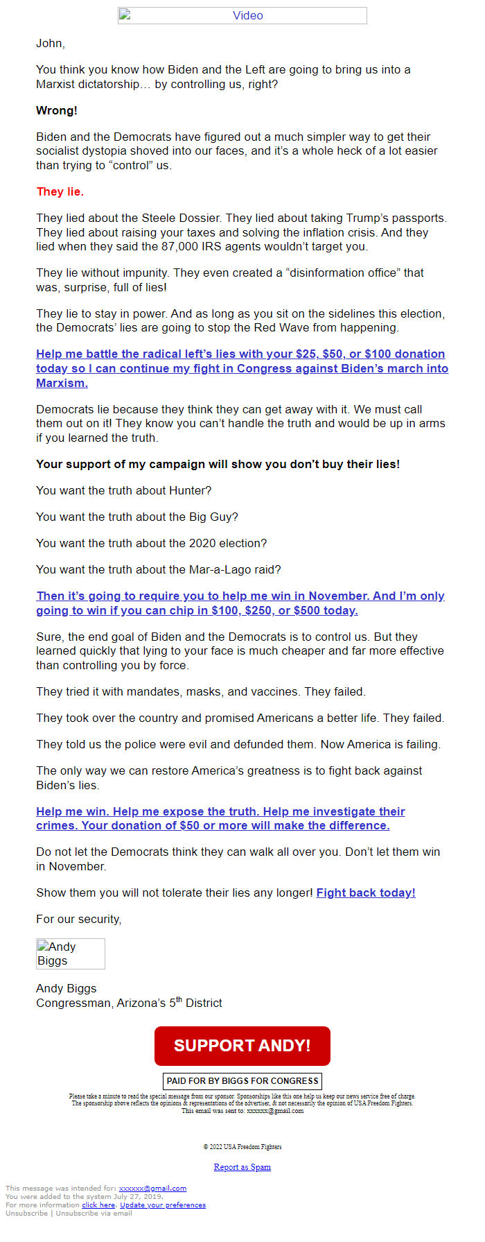 Screenshot of the email generated on import