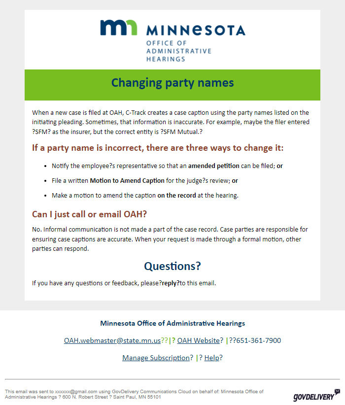 Screenshot of the email generated on import