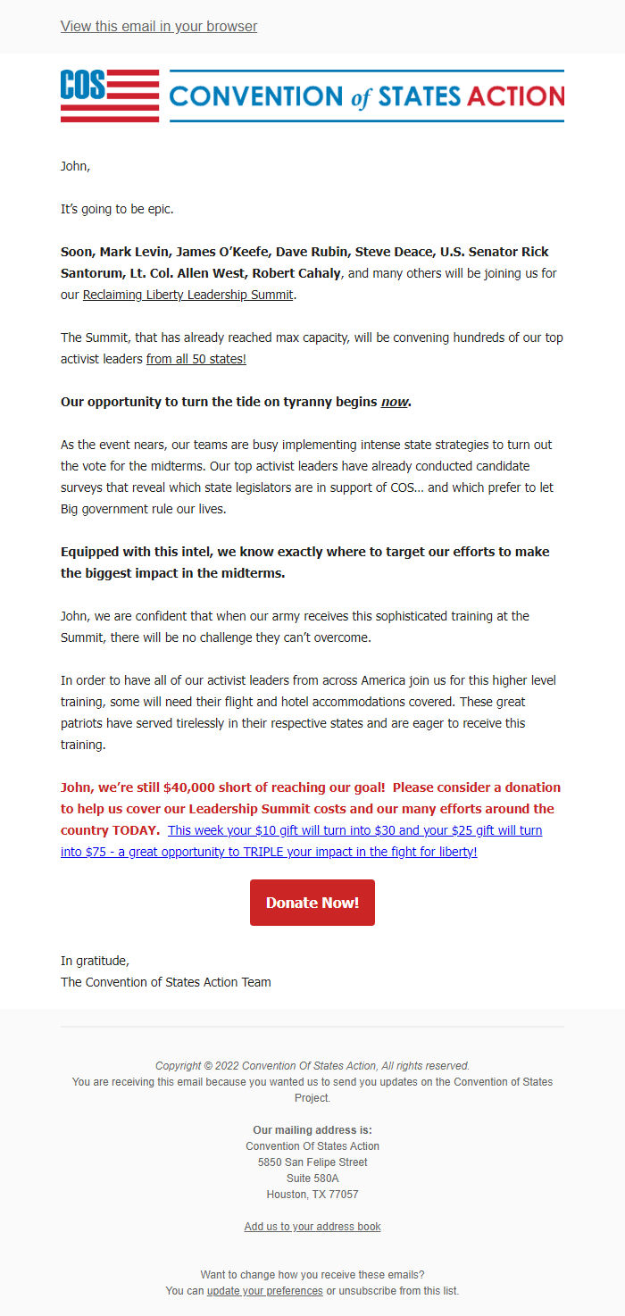 Screenshot of the email generated on import