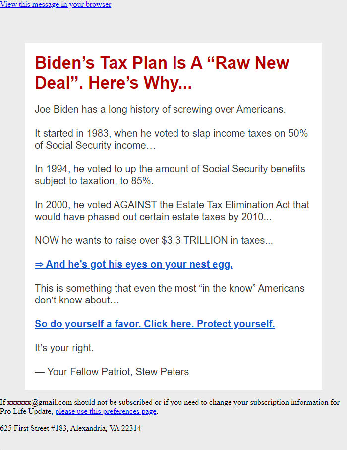 Screenshot of the email generated on import