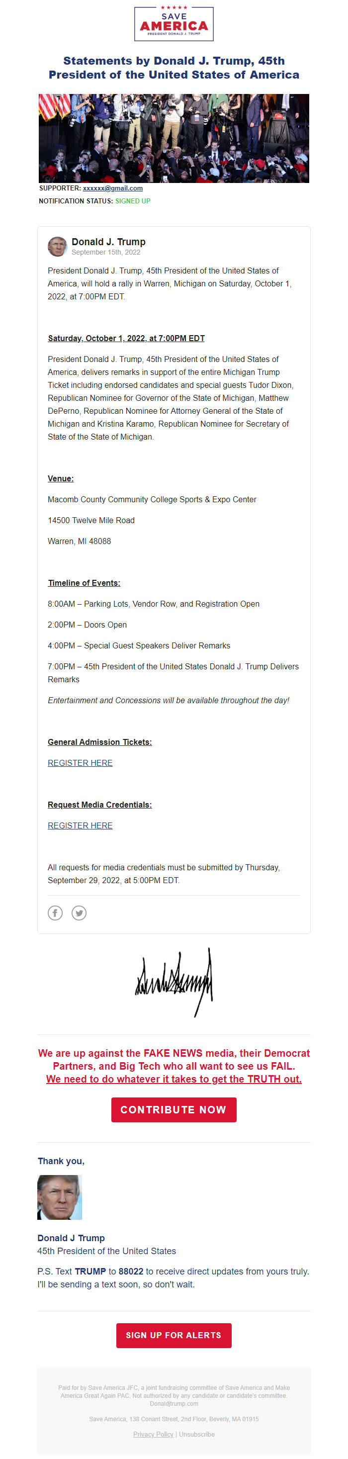 Screenshot of the email generated on import