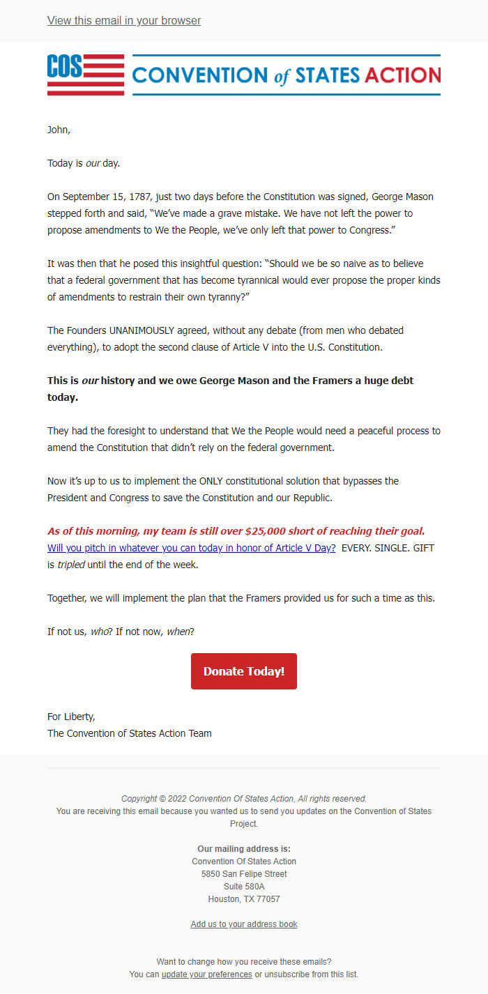 Screenshot of the email generated on import