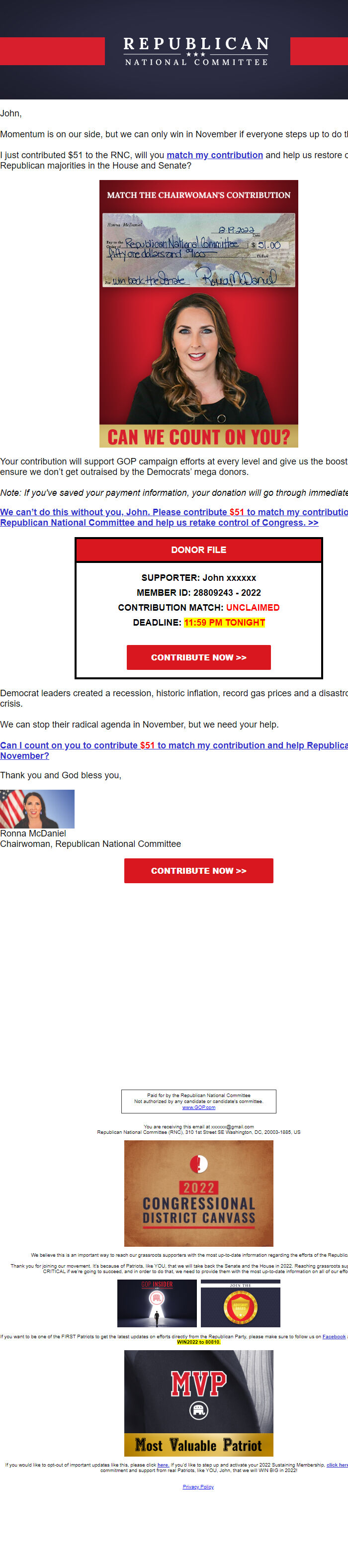 Screenshot of the email generated on import