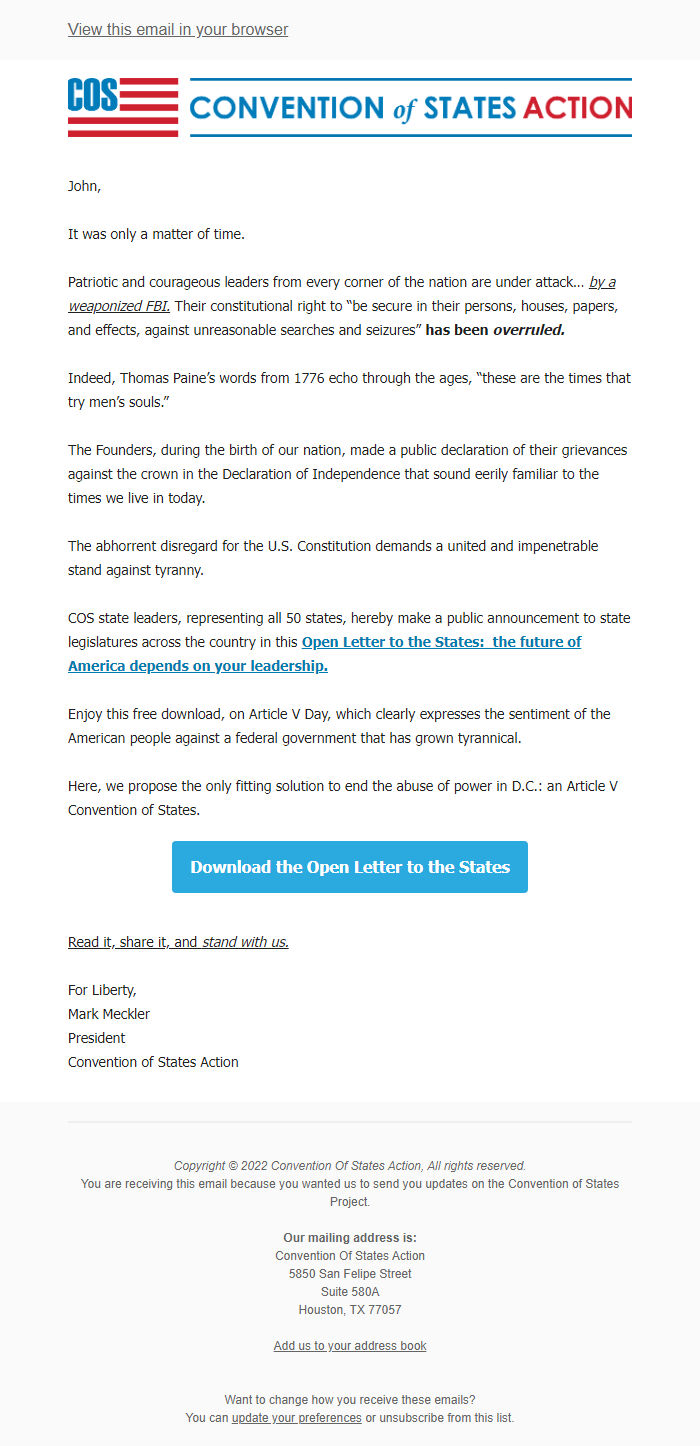 Screenshot of the email generated on import