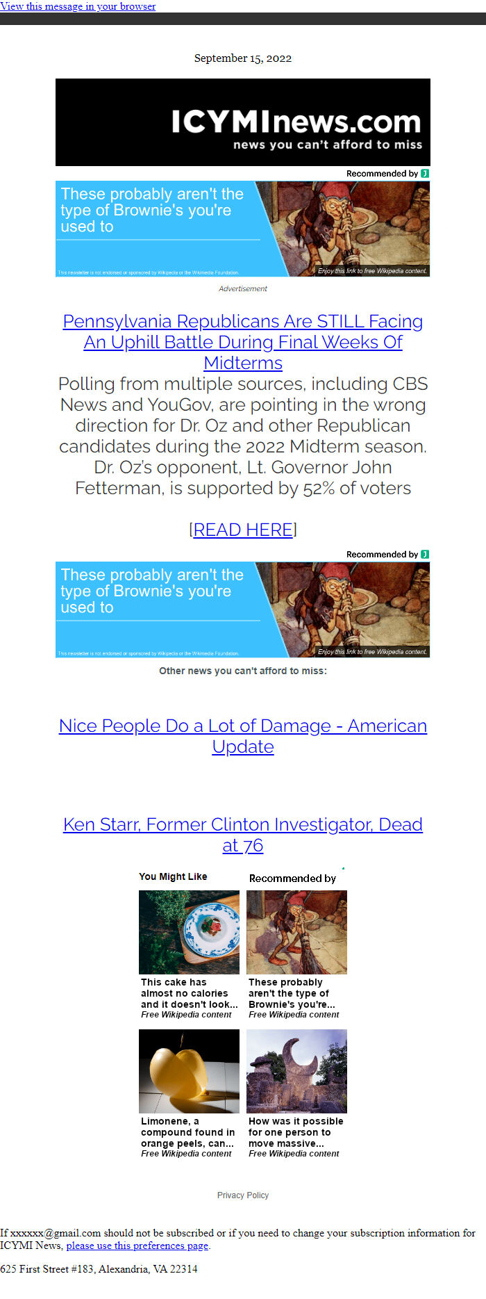 Screenshot of the email generated on import