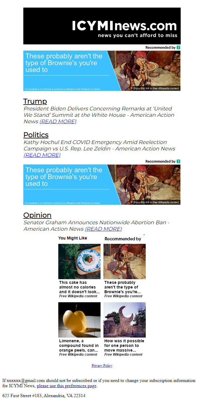 Screenshot of the email generated on import