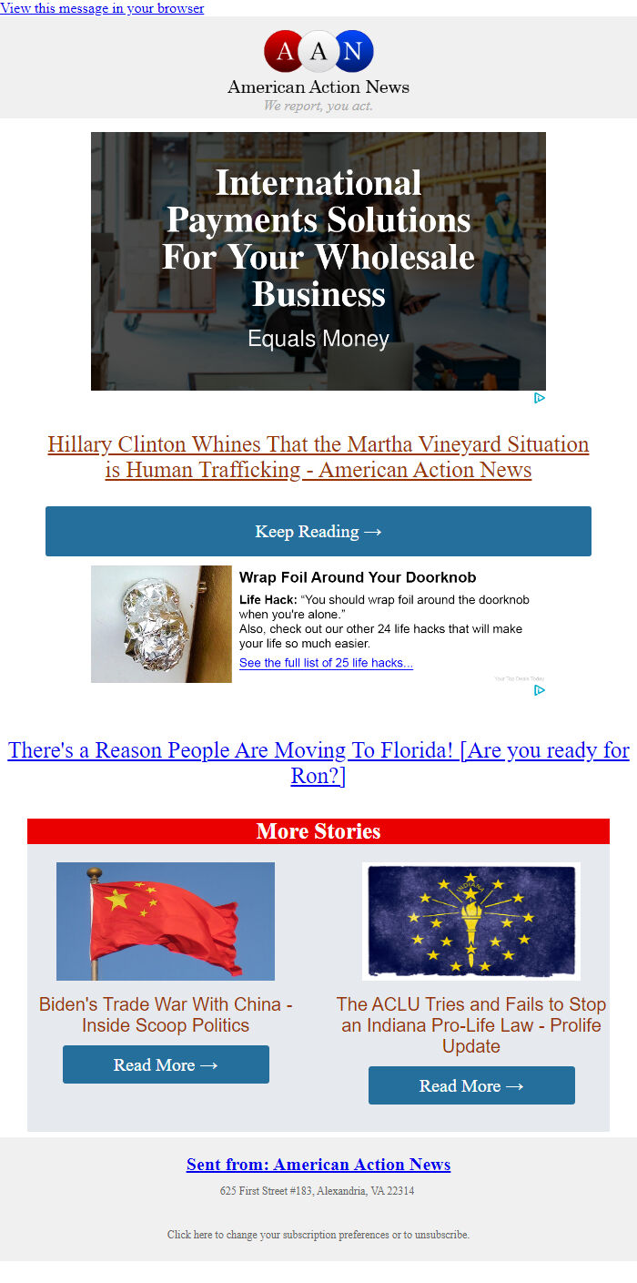 Screenshot of the email generated on import