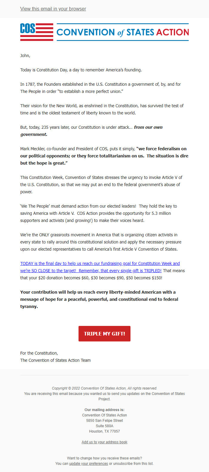 Screenshot of the email generated on import