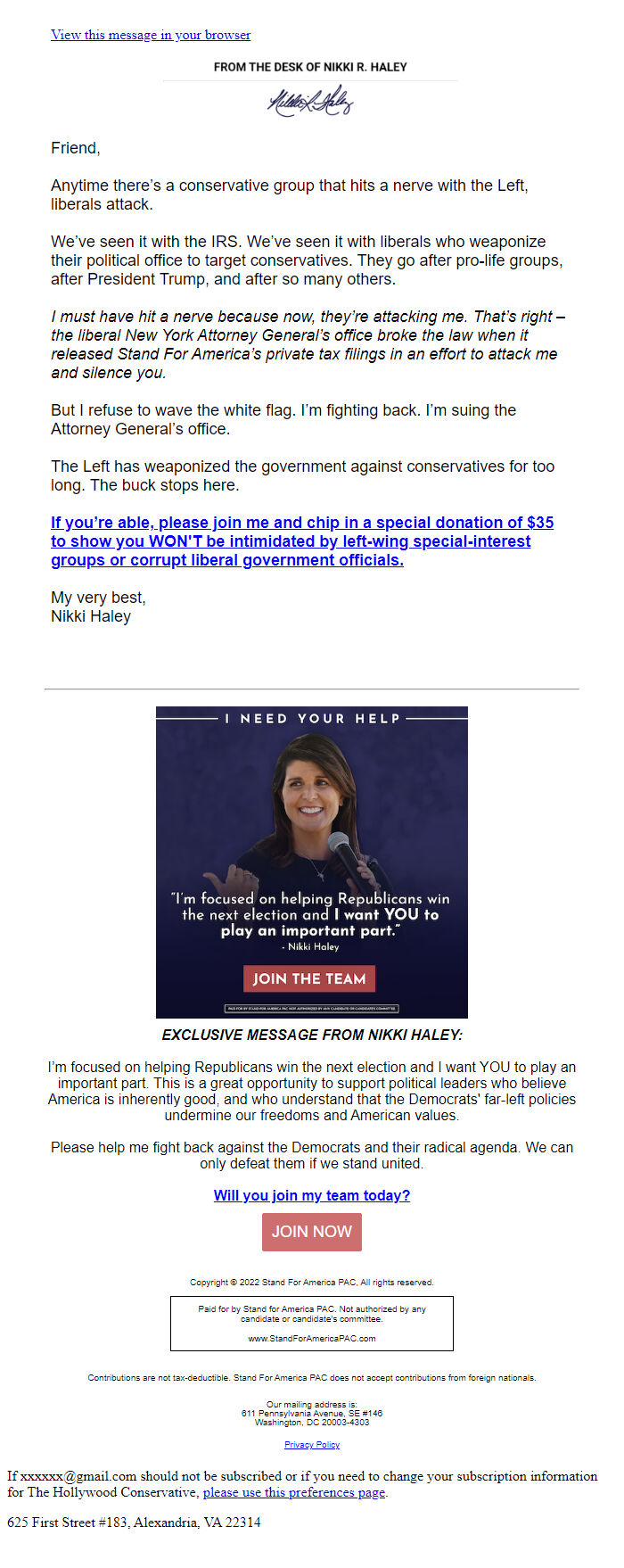 Screenshot of the email generated on import