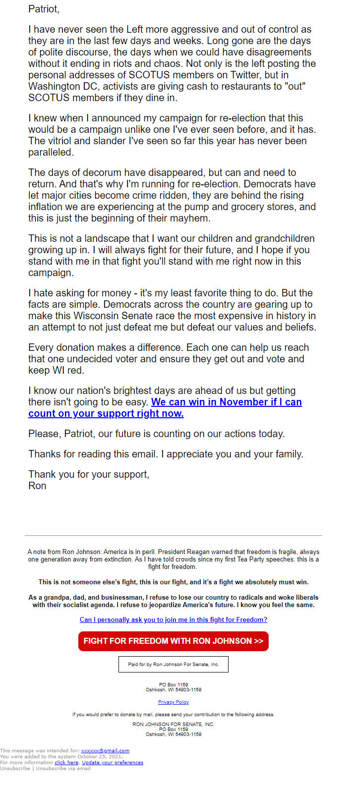 Screenshot of the email generated on import