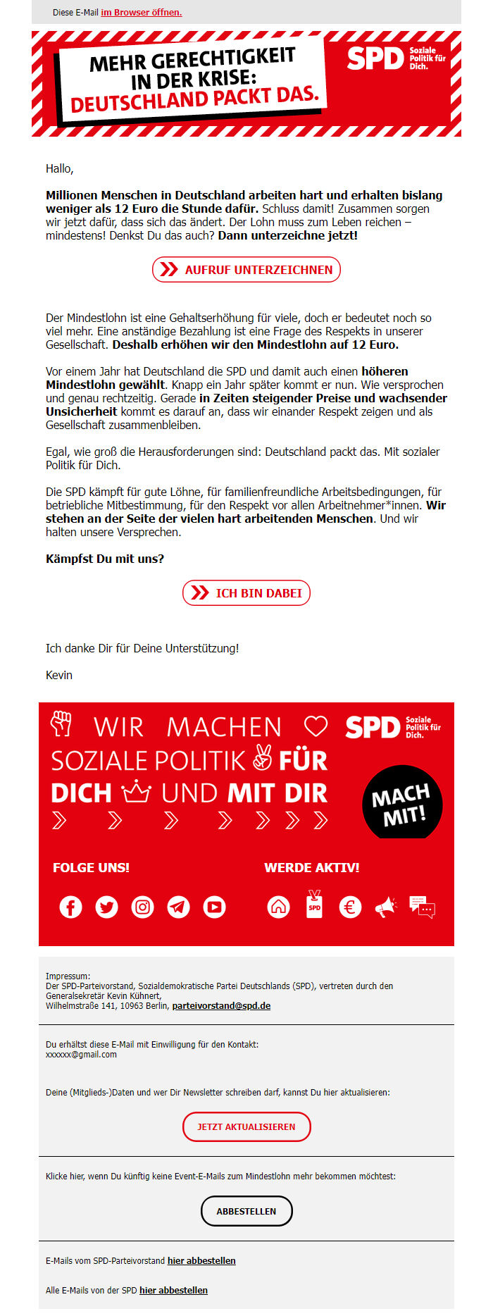 Screenshot of the email generated on import