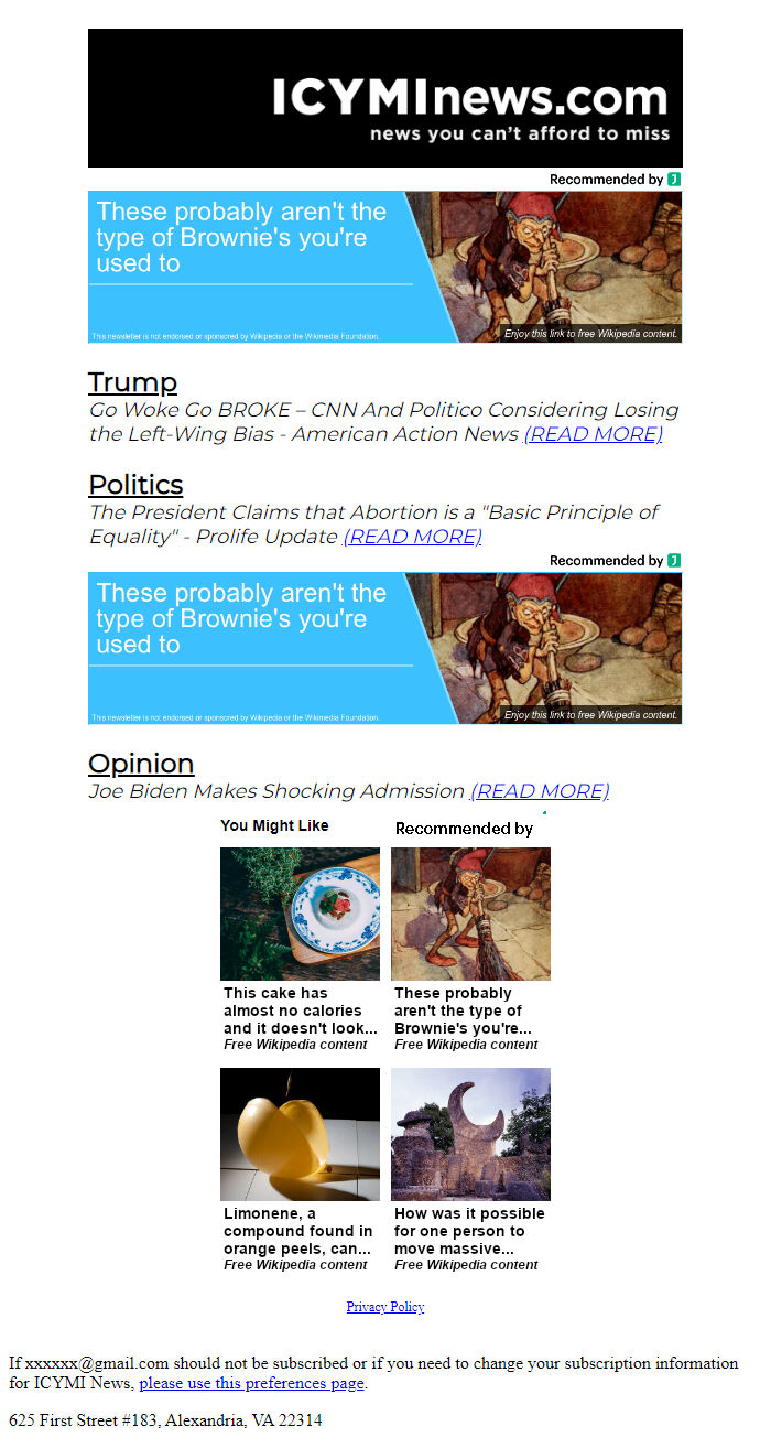 Screenshot of the email generated on import