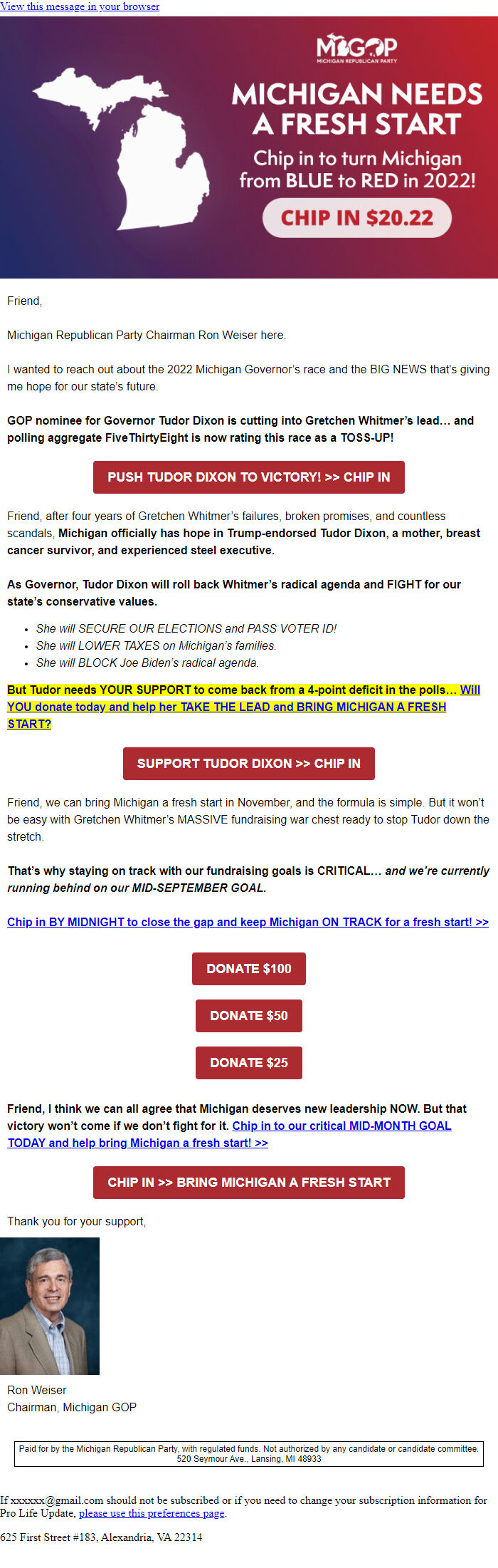 Screenshot of the email generated on import