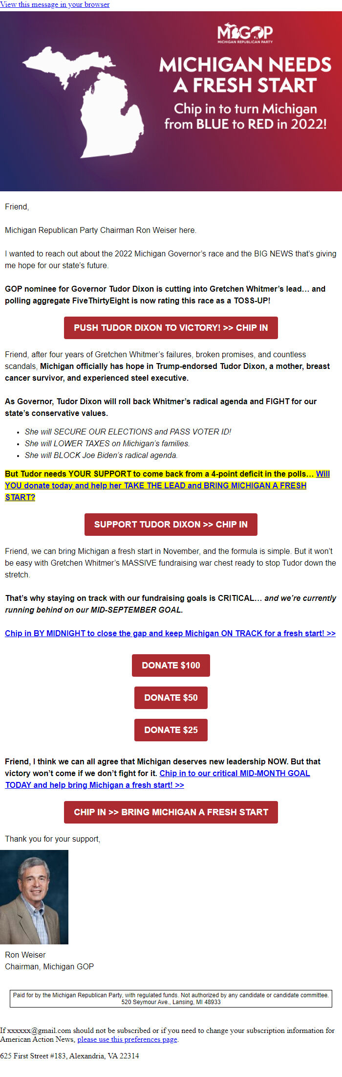 Screenshot of the email generated on import