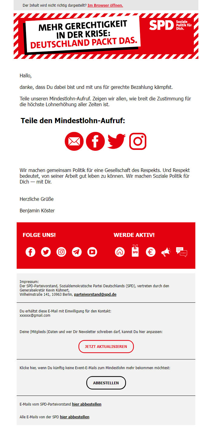Screenshot of the email generated on import