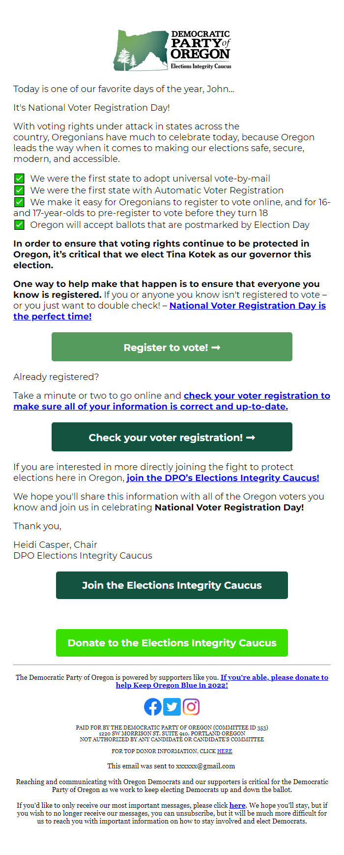 Screenshot of the email generated on import