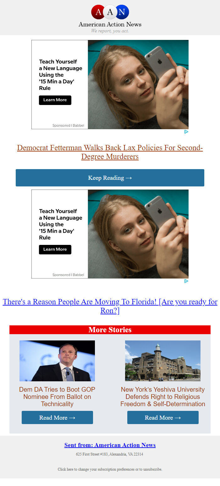 Screenshot of the email generated on import
