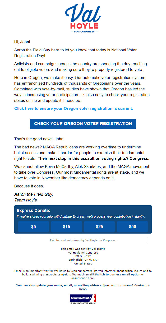 Screenshot of the email generated on import