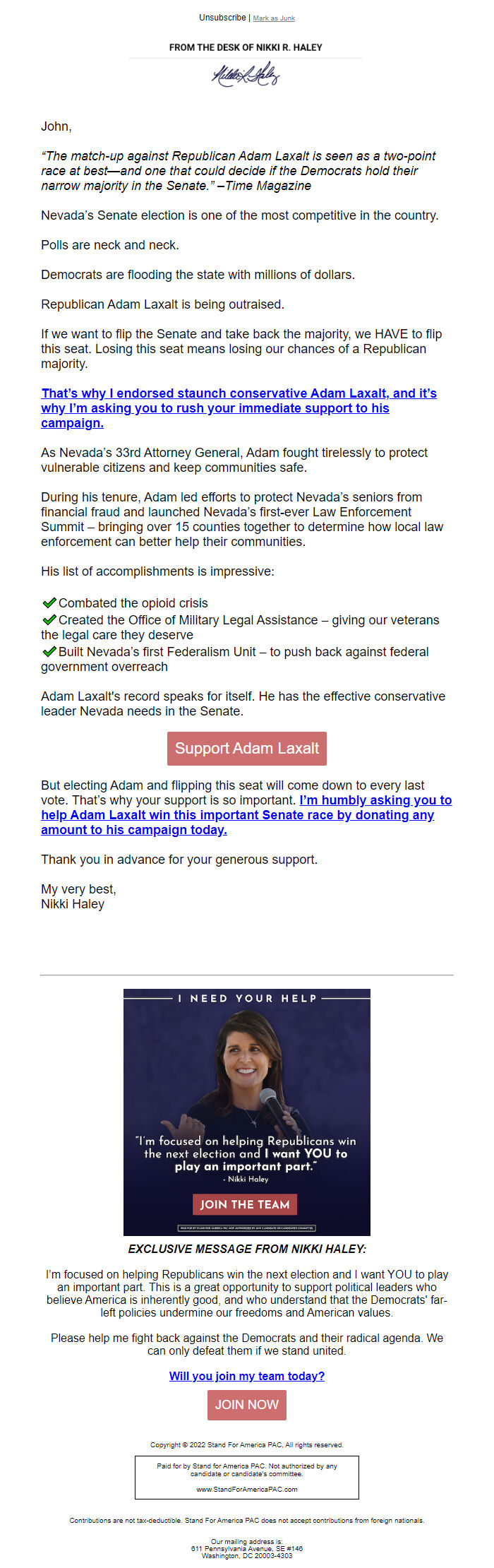 Screenshot of the email generated on import