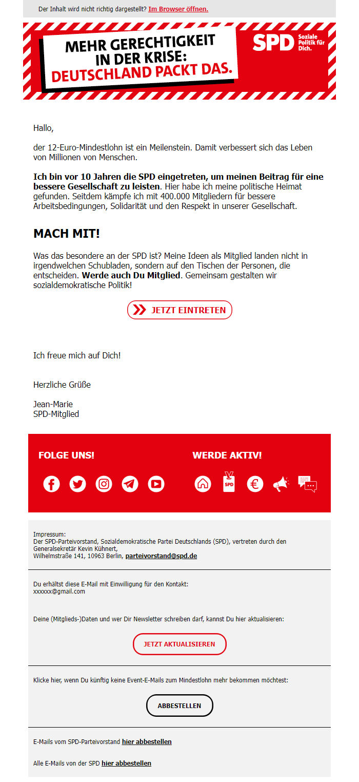 Screenshot of the email generated on import