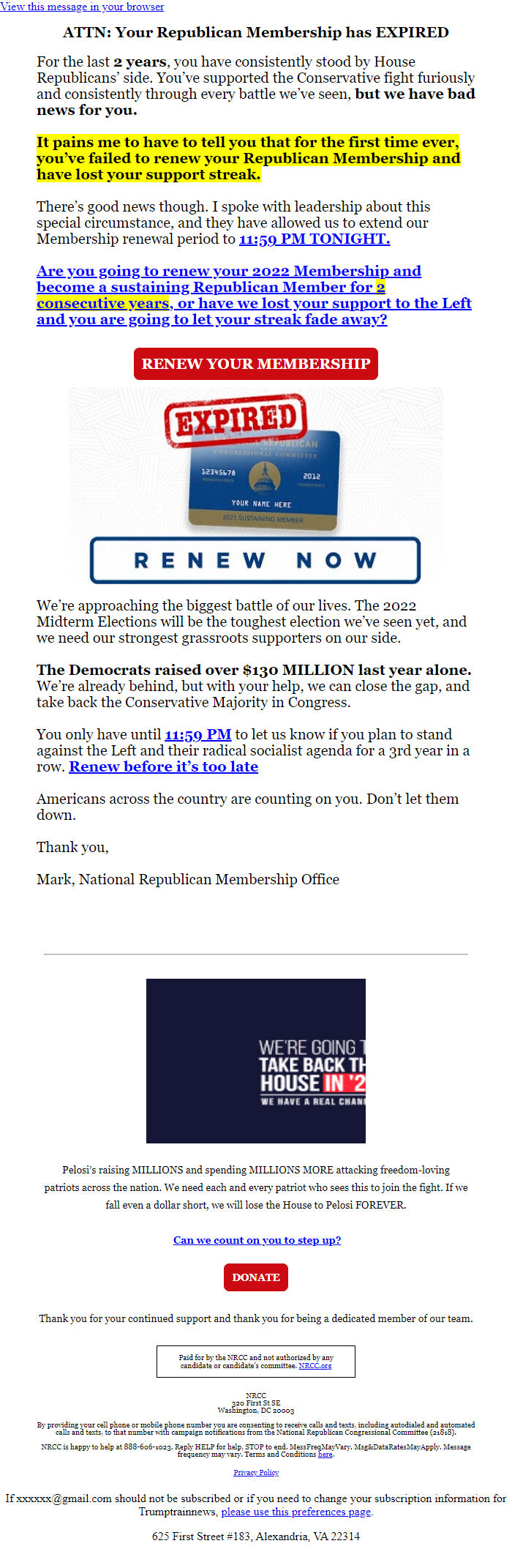 Screenshot of the email generated on import