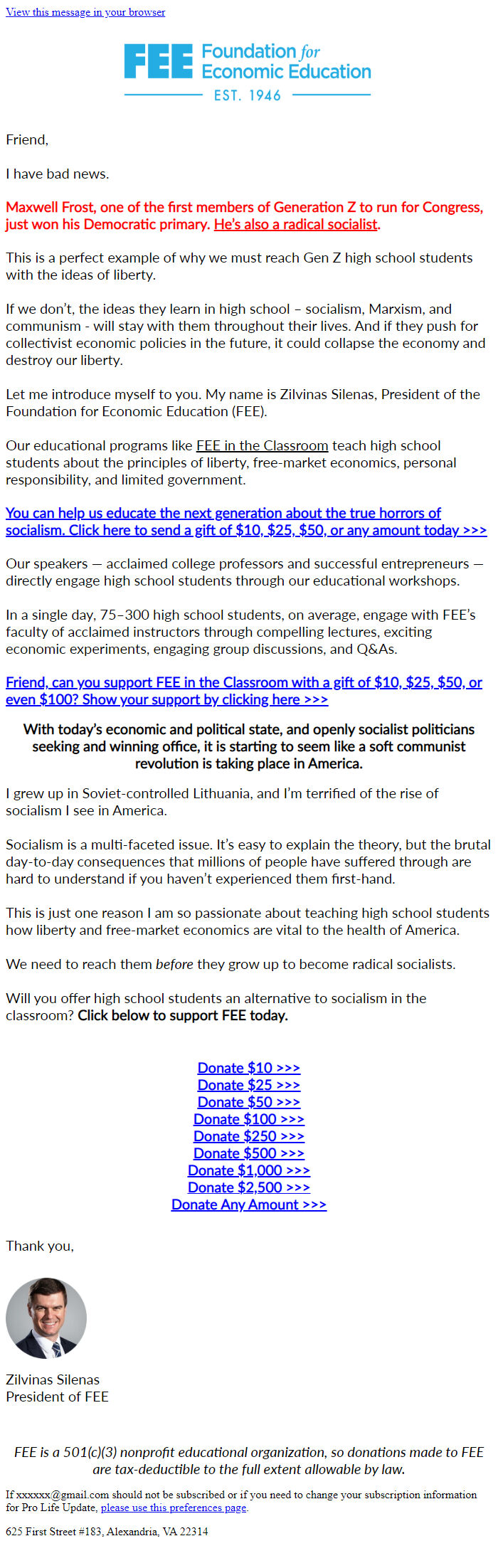 Screenshot of the email generated on import