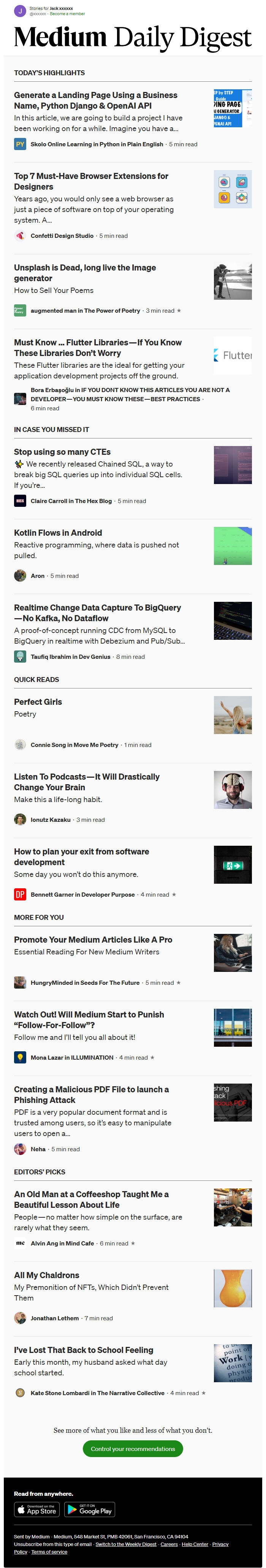 Screenshot of the email generated on import