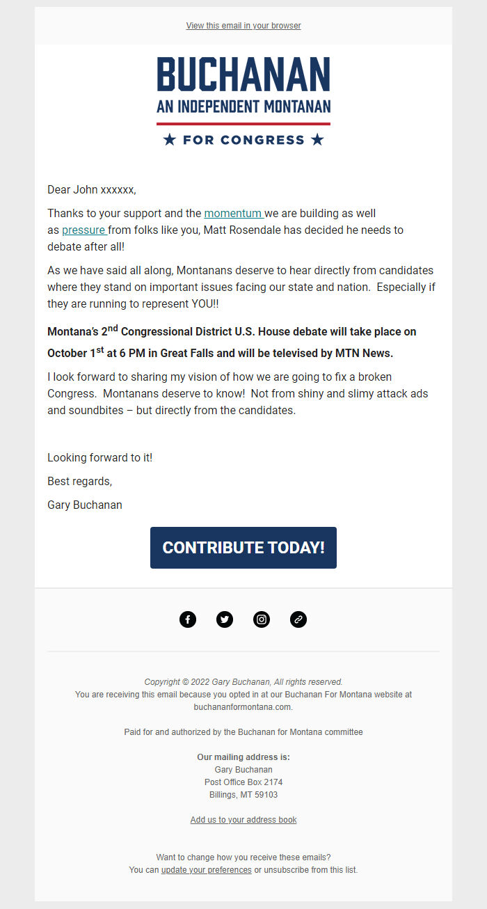 Screenshot of the email generated on import